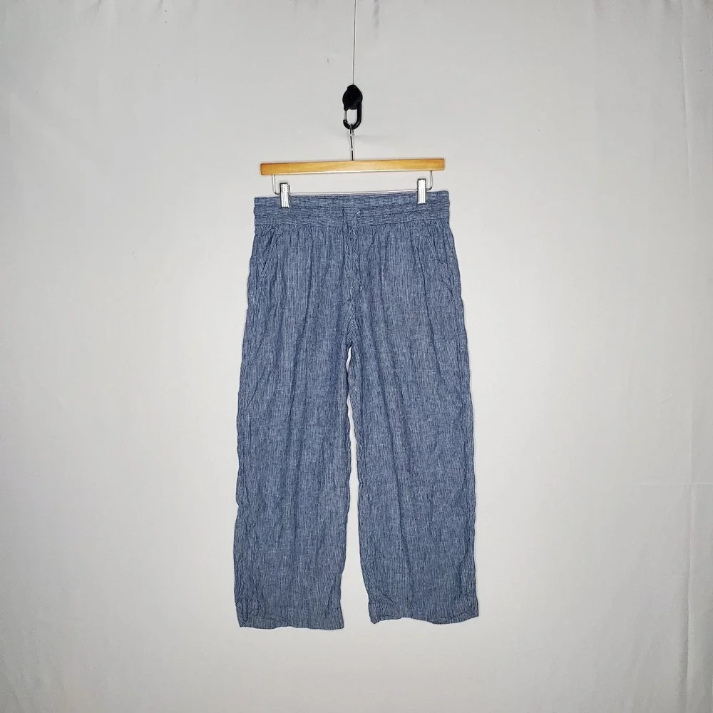 H&M Linen Cotton Crop Pants Women 6 Blue Drawstring Coastal Beachy Minimal